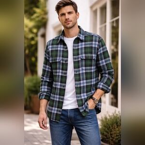 George Green and Blue Plaid Casual Button-Down Shirt
